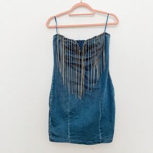 Y2K Denim Strapless Mini Dress Size M Rhinestone Fringe Party Western Americana